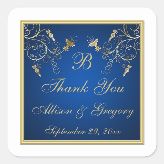 Navy Blue and Gold Floral Wedding Favor Sticker (Front)