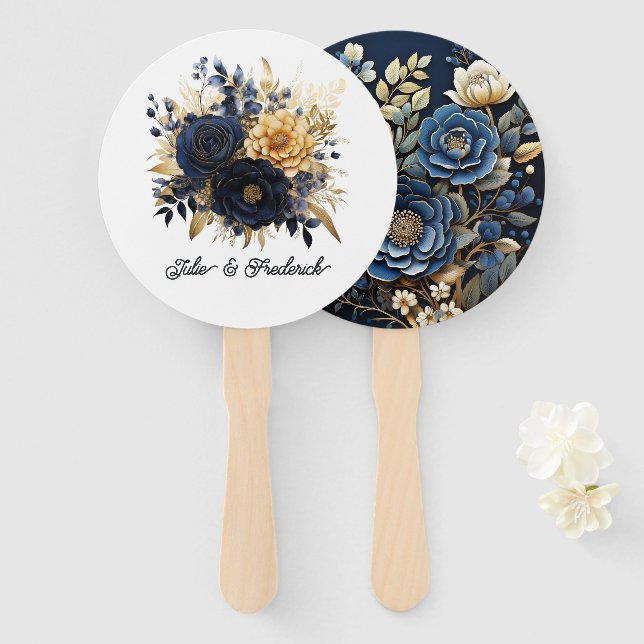 Navy Blue and Gold Floral Wedding Hand Fan (Front and Back)