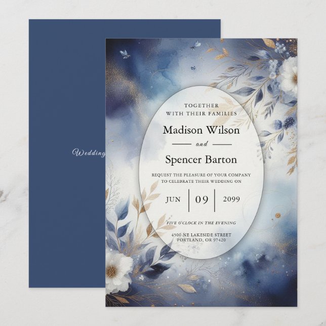 Navy Blue and Gold Floral Wedding Invitation (Front/Back)