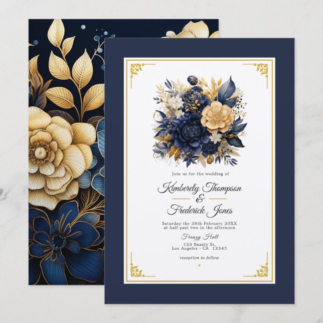 Navy Blue and Gold Floral Wedding Invitation (Front/Back)