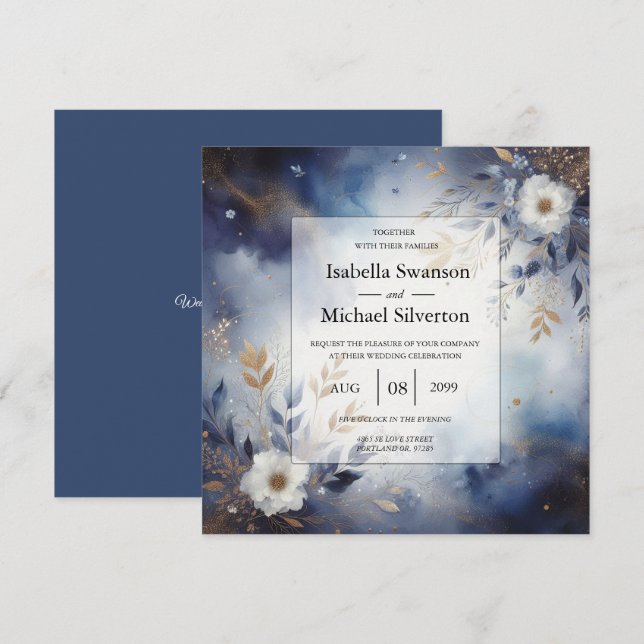 Navy Blue and Gold Floral Wedding  Invitation (Front/Back)