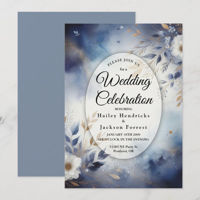 Navy Blue and Gold Floral Wedding Invitation (Front/Back)