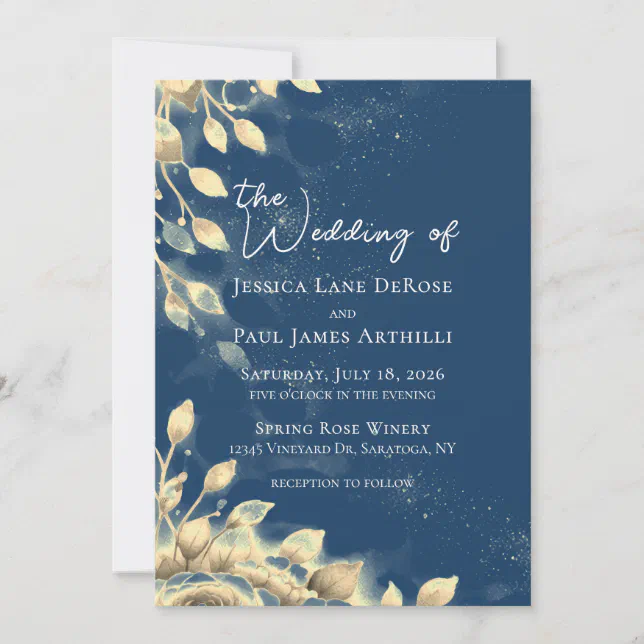 Navy Blue and Gold Floral Wedding Invitation | Zazzle