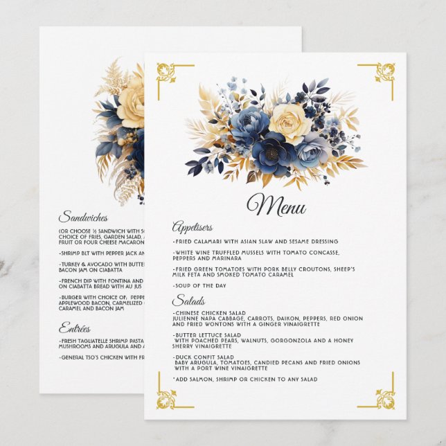 Navy Blue and Gold Floral Wedding Menu (Front/Back)