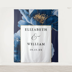 Navy Blue And Gold Floral Wedding Photo Backdrop
