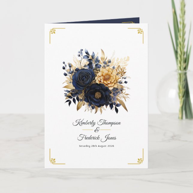 Navy Blue and Gold Floral Wedding Program (Front)