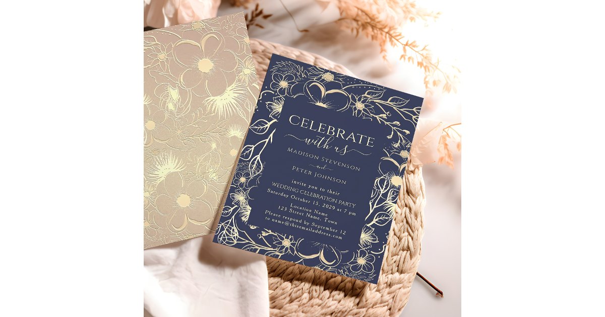Navy Blue and Gold Floral Wedding Reception Invitation | Zazzle