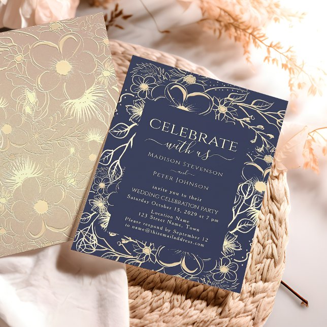 Navy Blue and Gold Floral Wedding Reception Invitation (Creator Uploaded)