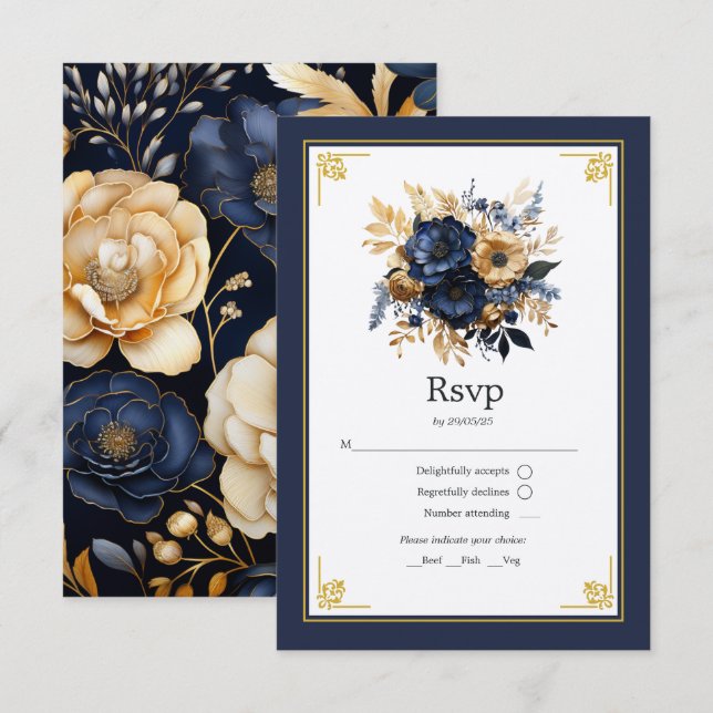 Navy Blue and Gold Floral Wedding RSVP Card (Front/Back)