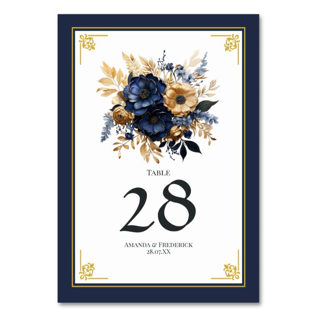 Navy Blue and Gold Floral Wedding Table Number (Front)