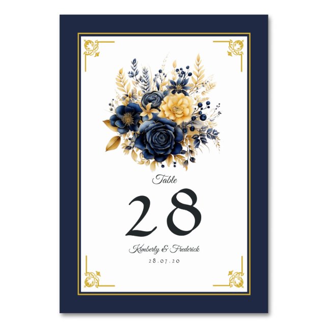 Navy Blue and Gold Floral Wedding Table Number (Front)