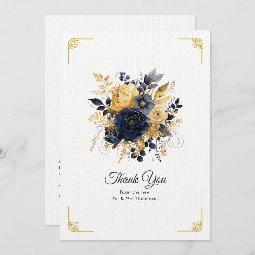 Navy Blue and Gold Floral Wedding Thank You Card