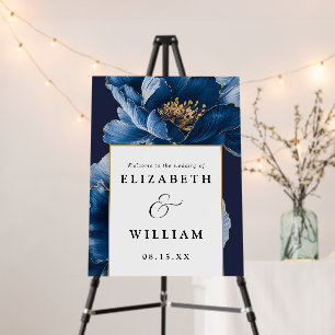 Navy Blue And Gold Floral Wedding Welcome Sign