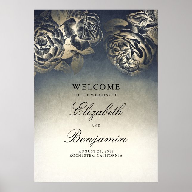 Navy Blue and Gold Floral Wedding Welcome Sign (Front)