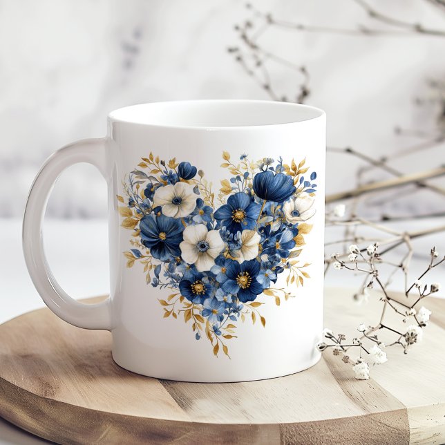 Navy Blue and Gold Flowers in Heart Shape Coffee Mug (Navy Blue and Gold Flowers in Heart Shape Coffee Mug on a boho wooden kitchen table.)