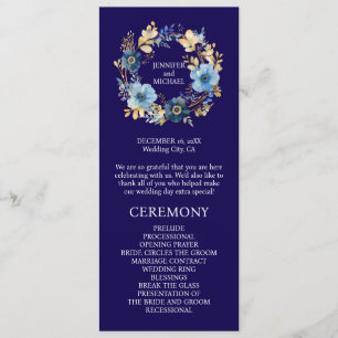 Navy Blue and Gold Flowers Wedding Program