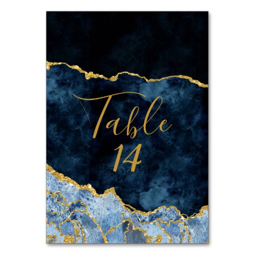 Navy Blue and Gold Foil Agate Marble Wedding Table Number