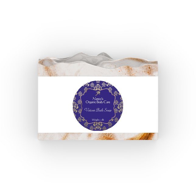 Navy blue and gold foil damask product label (Creator Uploaded)