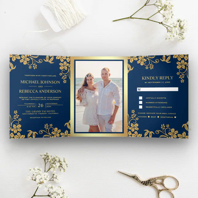 Navy Blue and Gold Foil Floral Leaves Wedding Tri-Fold Invitation | Zazzle