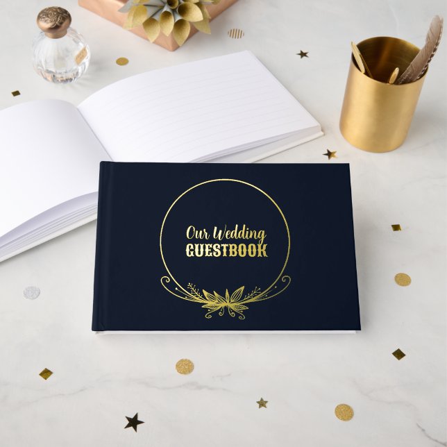 Navy Blue and Gold Foil Floral Wedding Guest Book (Front Open)