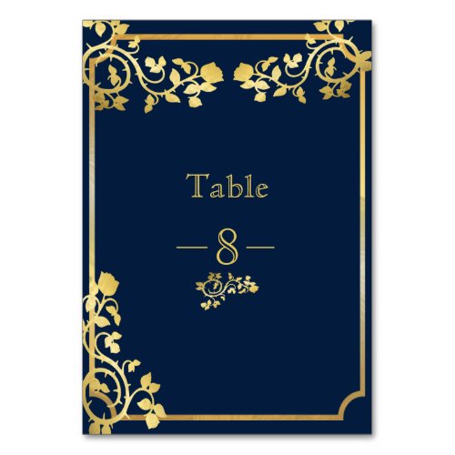 Navy  Blue and Gold Foil Roses Wedding Table Number