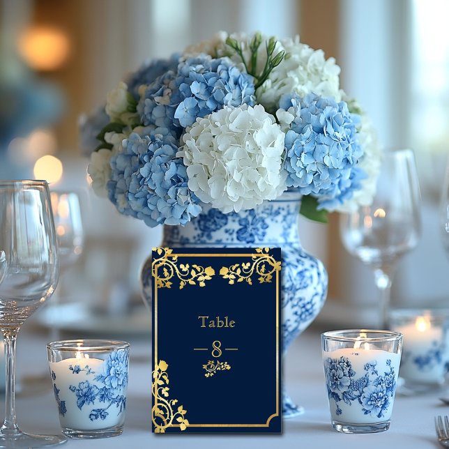 Navy  Blue and Gold Foil Roses Wedding Table Number (Creator Uploaded)