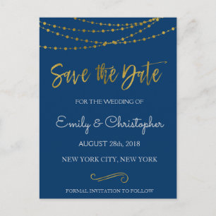 Navy Blue and Gold Foil Save the Date Announcement Postcard