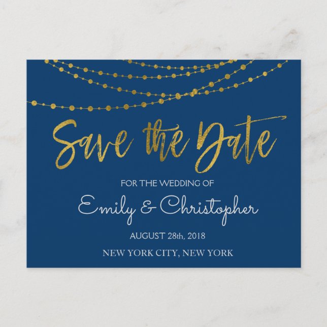 Navy Blue and Gold Foil Save the Date Announcement Postcard (Front)