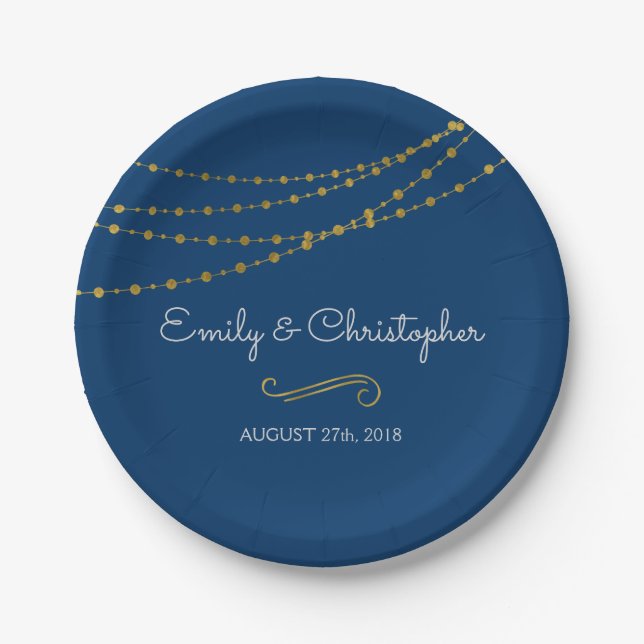 Navy Blue and Gold Foil String Lights Plates (Front)