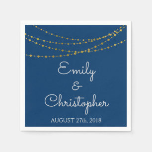 Navy Blue and Gold Foil String Lights Wedding Napkins