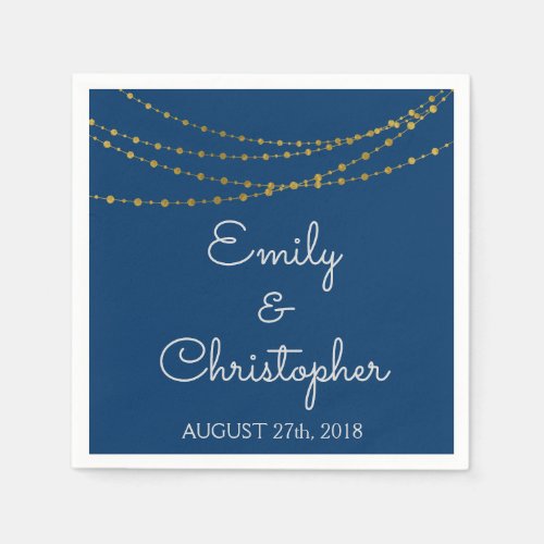 Navy Blue and Gold Foil String Lights Wedding Napkins