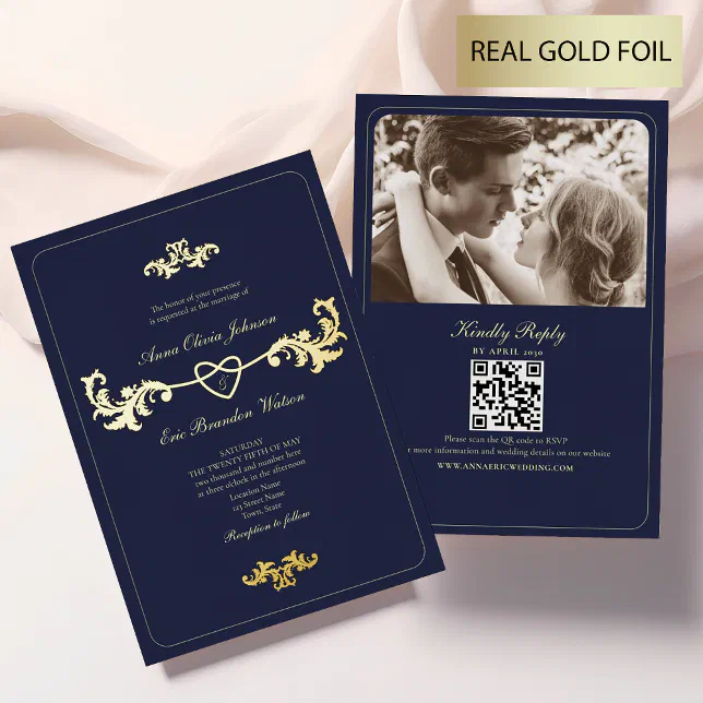 Navy Blue and Gold Foil Wedding Invitation | Zazzle