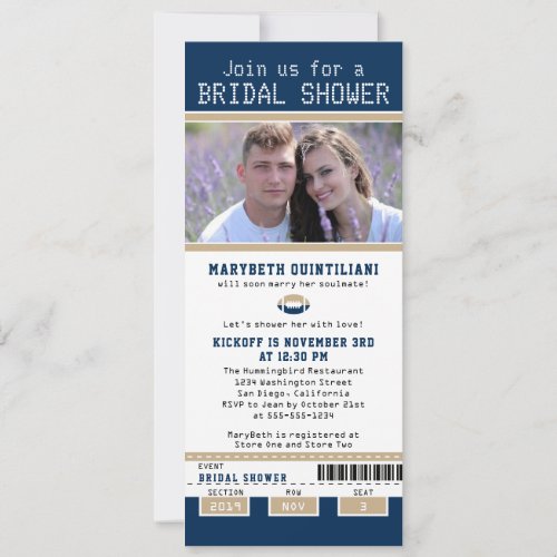 Navy Blue and Gold Football Ticket Bridal Shower Invitation