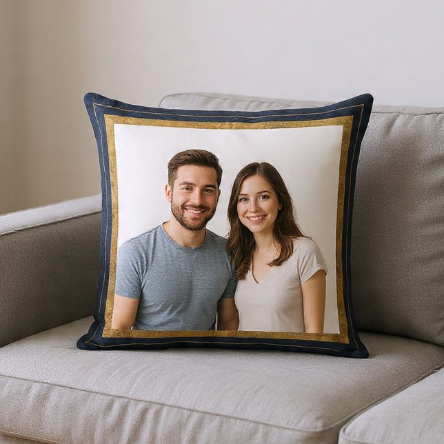Navy Blue and Gold Frame Photo Throw Pillow (Creator Uploaded)