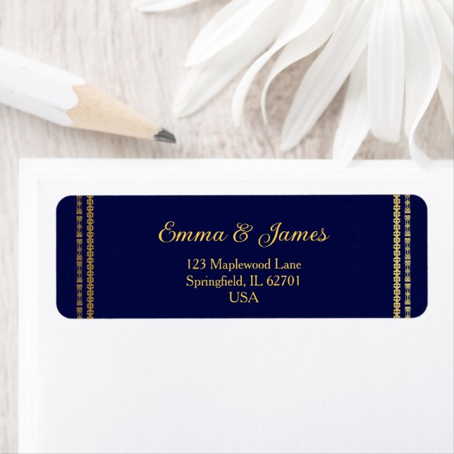 Navy Blue and Gold Frame Wedding Label (Insitu)