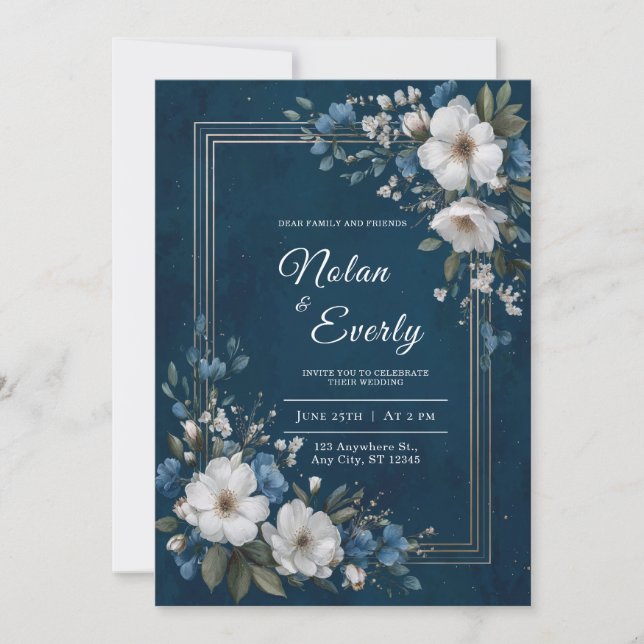Navy Blue and Gold Frame White Floral Wedding Invitation (Front)