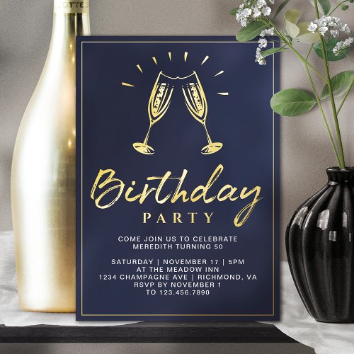 Navy Blue and Gold  Fun Champagne Adult Birthday Foil Invitation