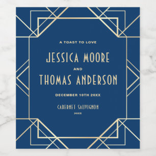 Navy Blue and Gold Gatsby Art Deco Custom Wedding Wine Label
