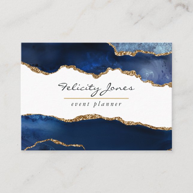 Navy Blue and Gold Geode Agate Stone Business Card (Front)