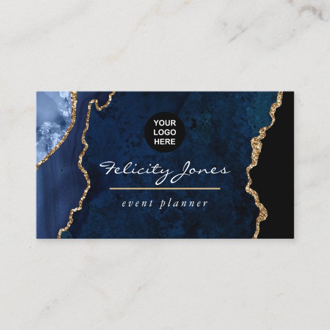Navy Blue and Gold Geode Agate Stone Business Card (Front)