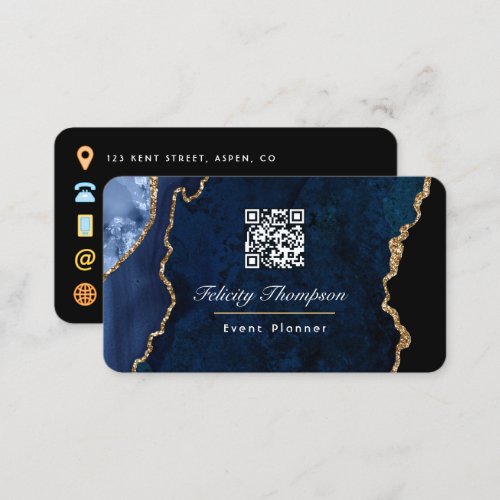 Navy Blue and Gold Geode Agate Stone QR Code Business Card
