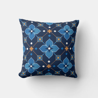 Navy Blue and Gold Geometric Floral Pattern Throw Pillow