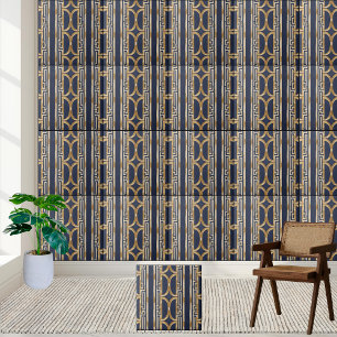 Navy Blue and Gold Geometric Greek Key Tile