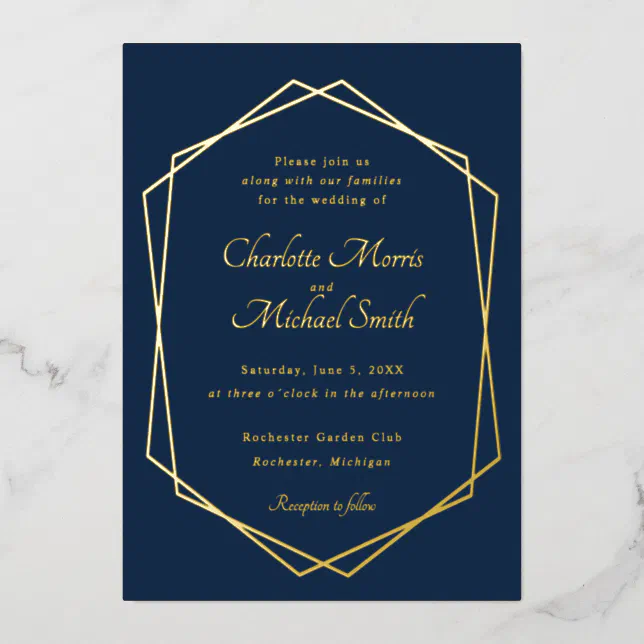 Navy blue and gold geometric wedding foil invitation | Zazzle