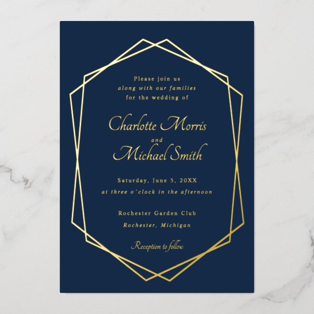 Navy blue and gold geometric wedding foil invitation (Front)