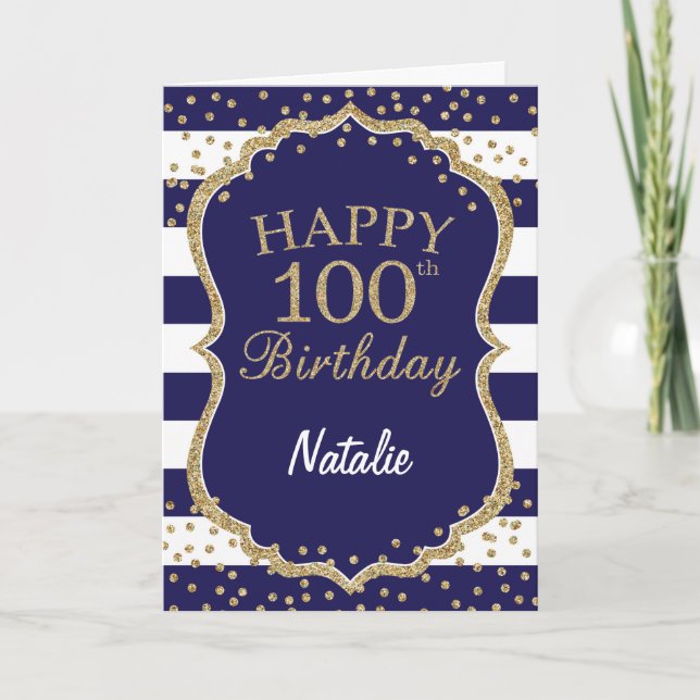 Navy Blue and Gold Glitter 100th Birthday Card (Front)