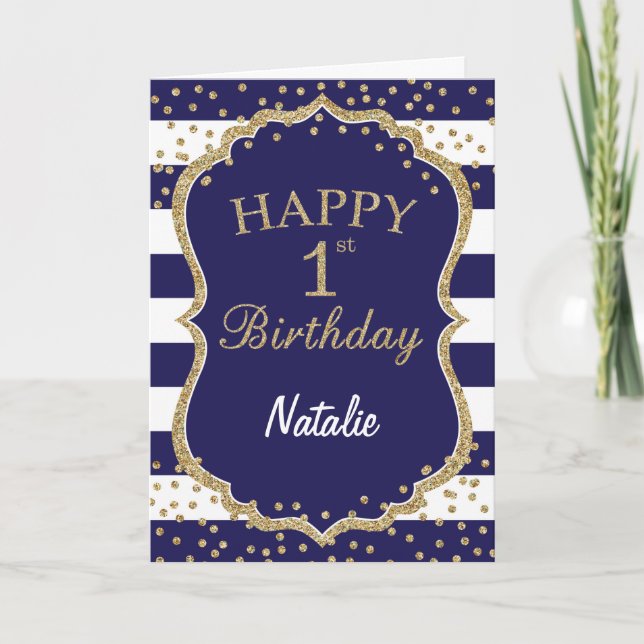 Navy Blue and Gold Glitter 1st Birthday Card (Front)