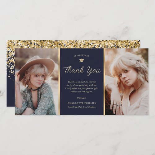Navy Blue and Gold Glitter 2 Photo Graduation Thank You Card