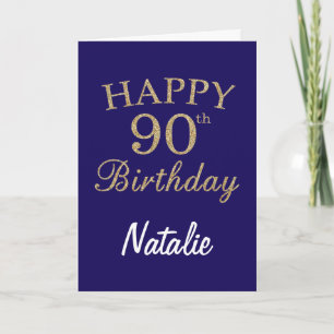 Navy Blue and Gold Glitter 90th Birthday Card