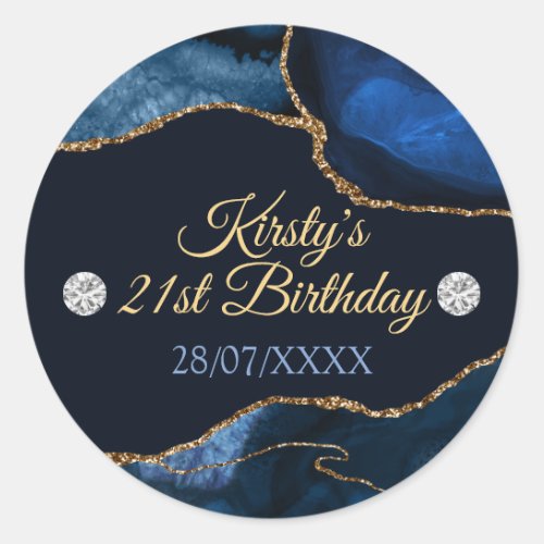 Navy Blue and Gold Glitter Agate Birthday Classic Round Sticker
